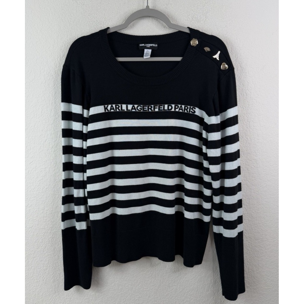 Karl Lagerfeld Paris Striped Logo Sweater Women's XL Black White Paris Preppy
